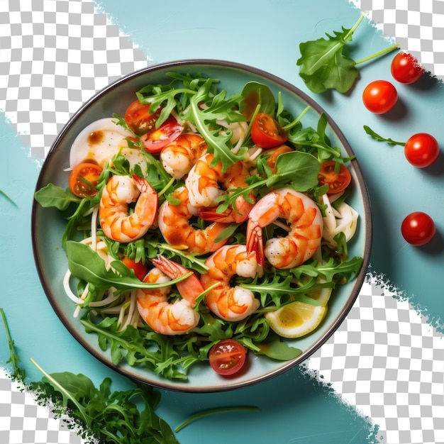 PSD salada de camarão ou camarão com tomate e rúcula em fundo transparente