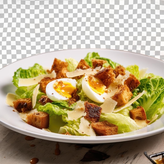 PSD salada de jardim com ovos cozidos, alface, croutons e queijo em prato branco