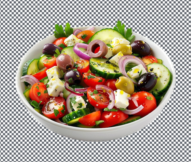 PSD salada griega fresca tomates de pepino aislados sobre un fondo transparente