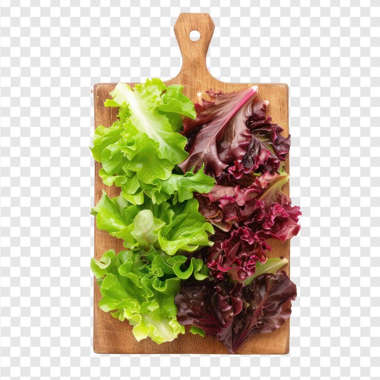PSD salada de hojas verdes y rojas en rodajas en tabla de cortar aislada sobre un fondo transparente