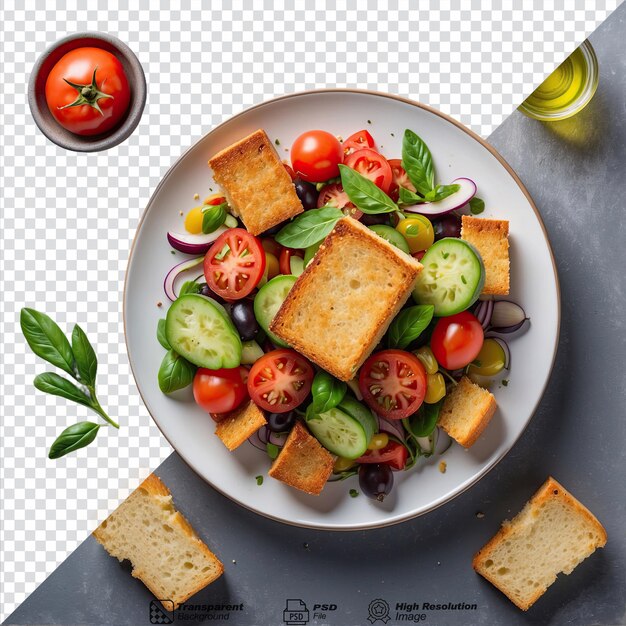 PSD salada de tomate y verduras panzanella croutons vegetales aceite de oliva aislado sobre un fondo transparente