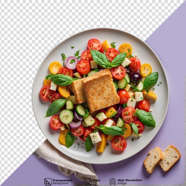 PSD salada de tomate y verduras panzanella croutons vegetales aceite de oliva aislado sobre un fondo transparente