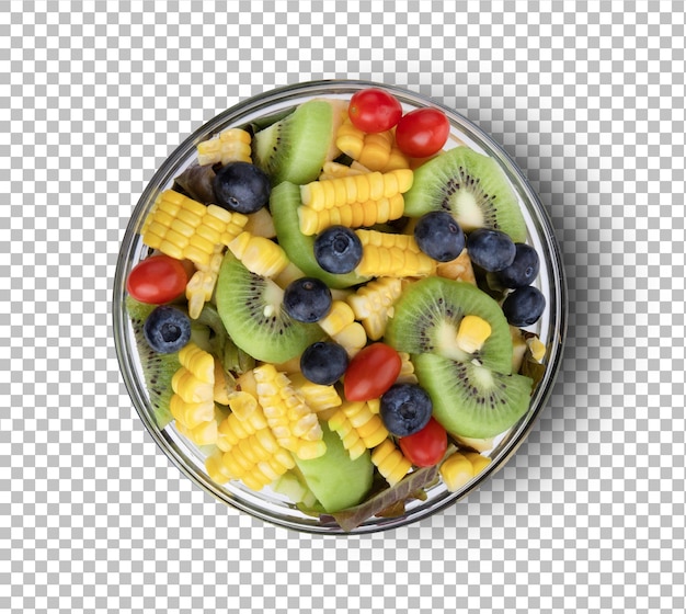 Salade dans un bol en verre isolé sur couche alpha