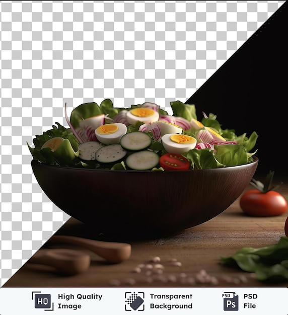 Salade Fraîche Psd Transparente De Haute Qualité Avec Des Tranches De Concombre, De Tomates Rouges Et D'œufs Blancs Sur Une Table En Bois Accompagnée D'une Cuillère En Bois