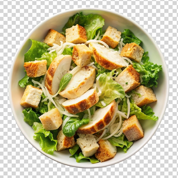 PSD salade de poulet césar sur un bol blanc vue de haut isolée sur un fond transparent