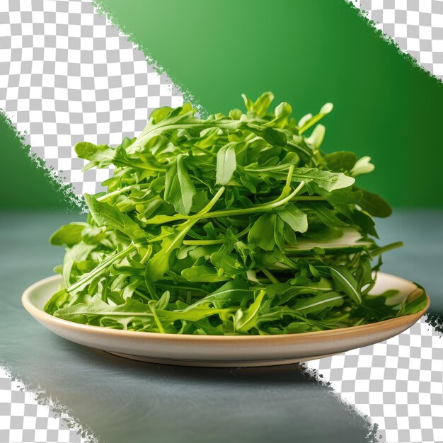 PSD salade de roquette fraîche sur une assiette blanche bouchent fond transparent