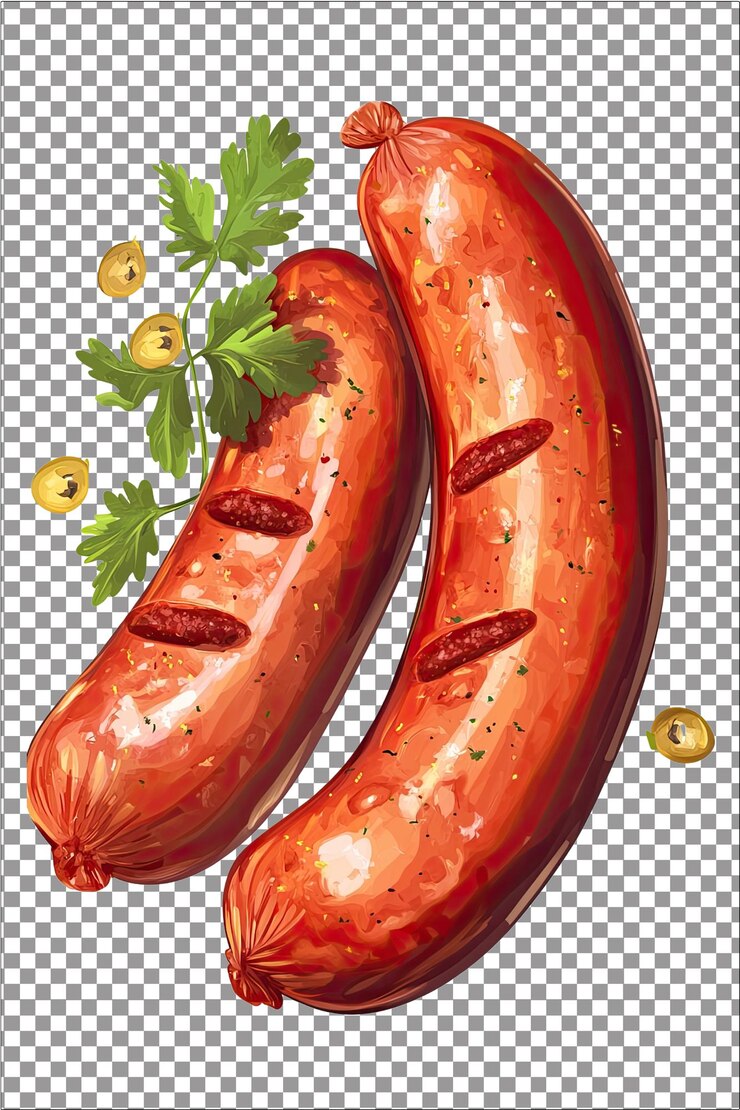 Salchicha polaca Kielbasa perfecta para asar a la parrilla hiperrealista blanco aislado plano transparente Backg