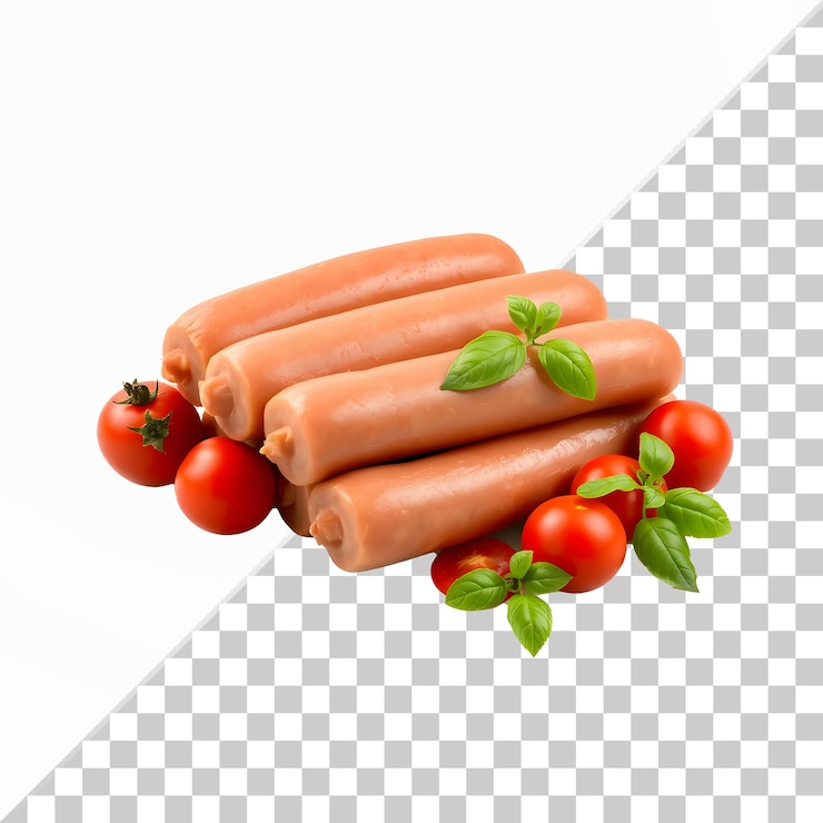 PSD salchichas crudas con tomates y albahaca premium psd