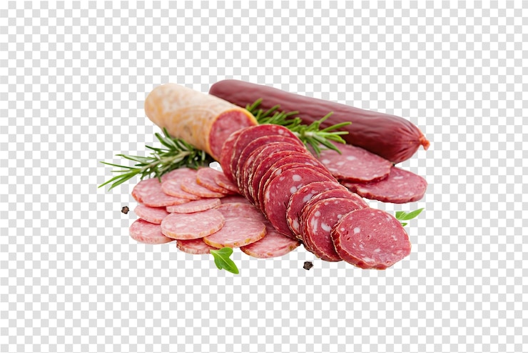 PSD salchichas y salami sobre un fondo transparente