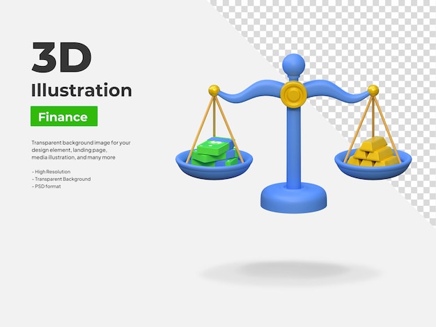 Saldo del precio del oro con la ilustración 3d del icono de finanzas en dólares