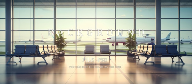 PSD salle d'attente de l'aéroport avec bagages, chaises vides, arrière-plan d'un avion décollant en plein air
