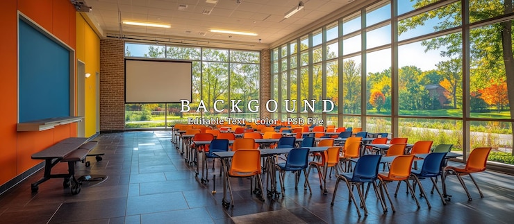 PSD une salle de classe avec de grandes fenêtres surplombant un parc