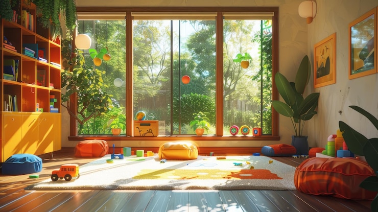 PSD une salle de jeu ensoleillée avec une grande fenêtre et des jouets sur un tapis