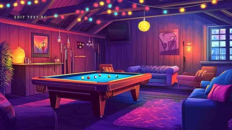 PSD salle de jeux confortable au grenier avec des canapés de table de billard et des lumières à cordes