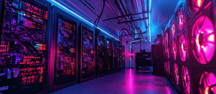 PSD une salle de serveur futuriste avec un éclairage rose et bleu vibrant
