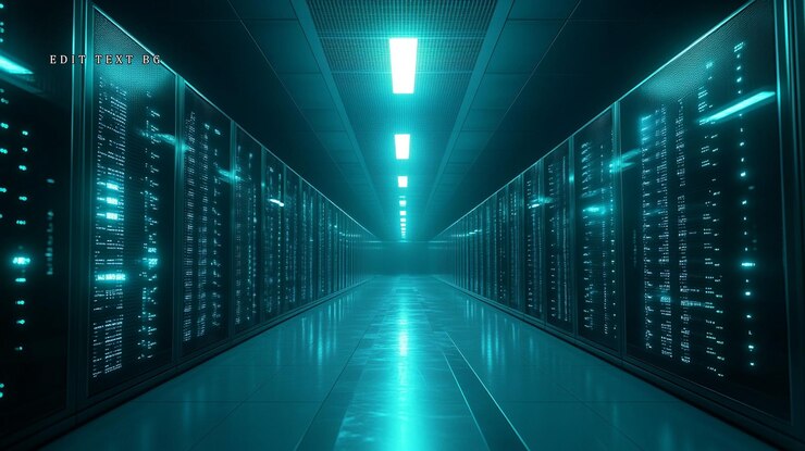 PSD une salle de serveur futuriste avec des flux de données lumineux sur des racks et un long couloir.