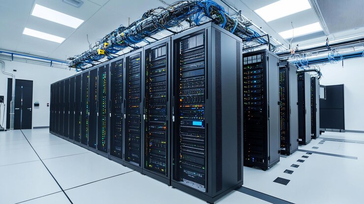 PSD une salle de serveurs remplie de rangées de supports de serveurs gris foncé, de câbles de réseau et de planchers blancs, d'une infrastructure moderne, propre et organisée de haute technologie.