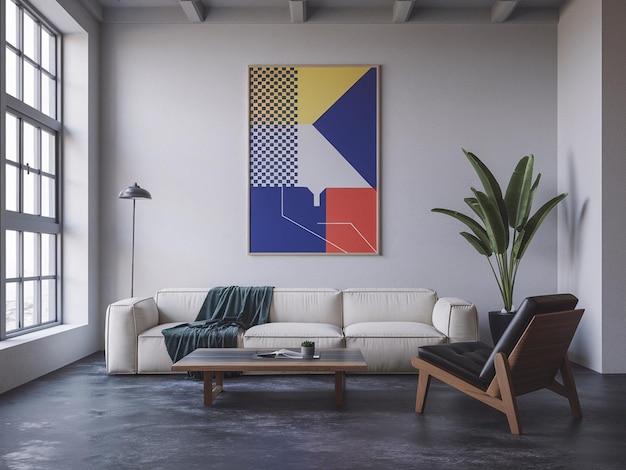 un salon avec un canapé blanc et une grande peinture colorée