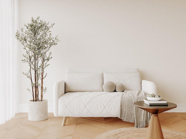 un salon avec un canapé blanc et une plante sur la table