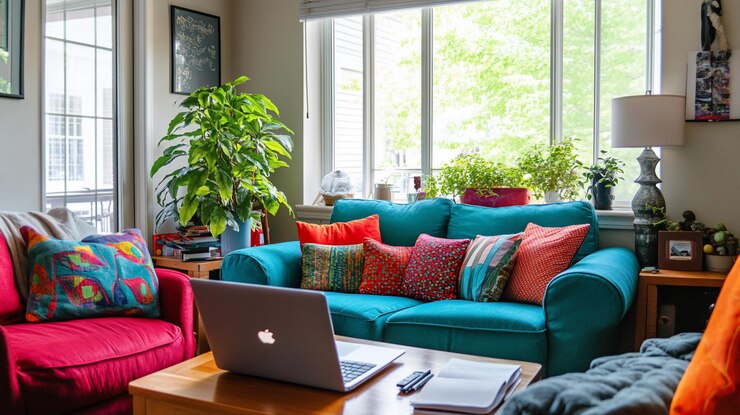 PSD salon confortable avec canapé bleu teal, ordinateur portable et plantes près d'une fenêtre