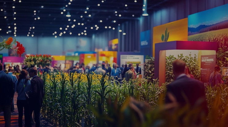 PSD salón de exposiciones agrícolas ocupado con numerosos asistentes explorando puestos llenos de plantas y exhibiciones