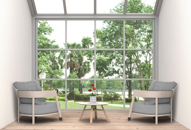 Salon intérieur et parc paysager. Rendu 3D