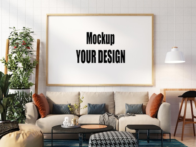 Salón interior casa piso de madera plantilla estilo acogedor marco de fondo maqueta diseño 3d render