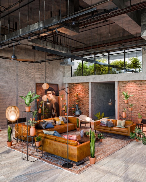 Salon de loft élégant avec canapés en cuir et décor végétal
