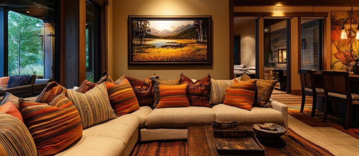 PSD salon de luxe avec canapé sectional oreillers d'automne grande peinture de paysage et planchers en bois dur