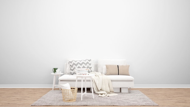 Salon minimal avec canapé et tapis blancs, idées de design d'intérieur