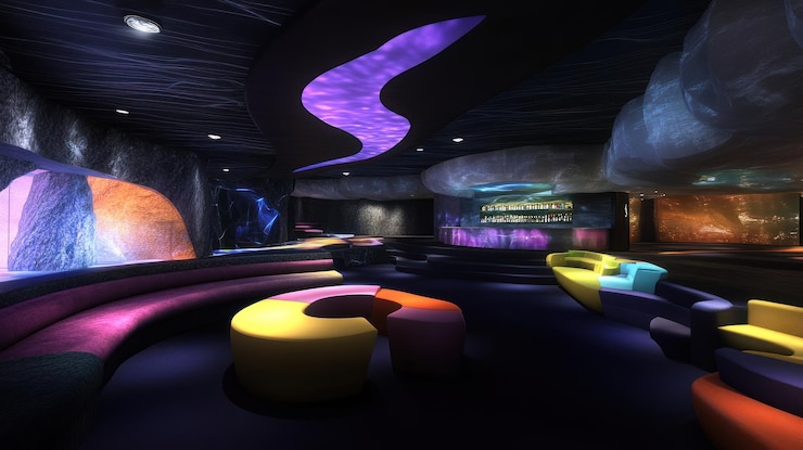 PSD salón moderno con asientos coloridos y iluminación ambiental