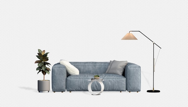 Un salón con un sofá azul y una lámpara.