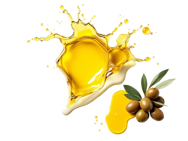 PSD una salpicadura de aceite de oliva con aceitunas frescas fotografía culinaria
