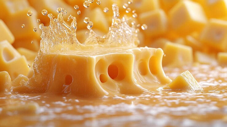 PSD una salpicadura de queso amarillo está siendo rociada con las palabras macarrones