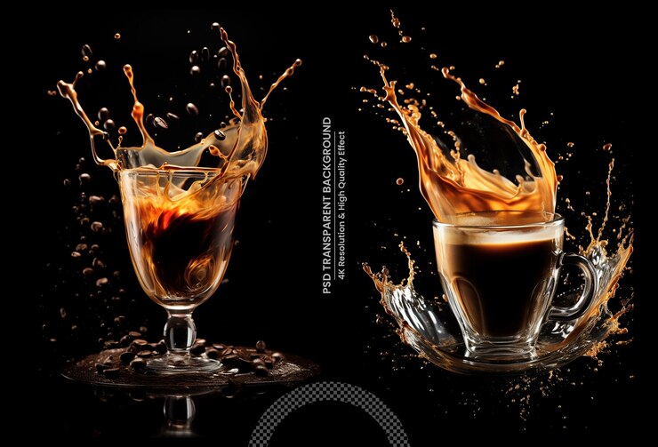 PSD salpicadura y salpicadura de una pieza de azúcar en una taza con café sobre un fondo negro