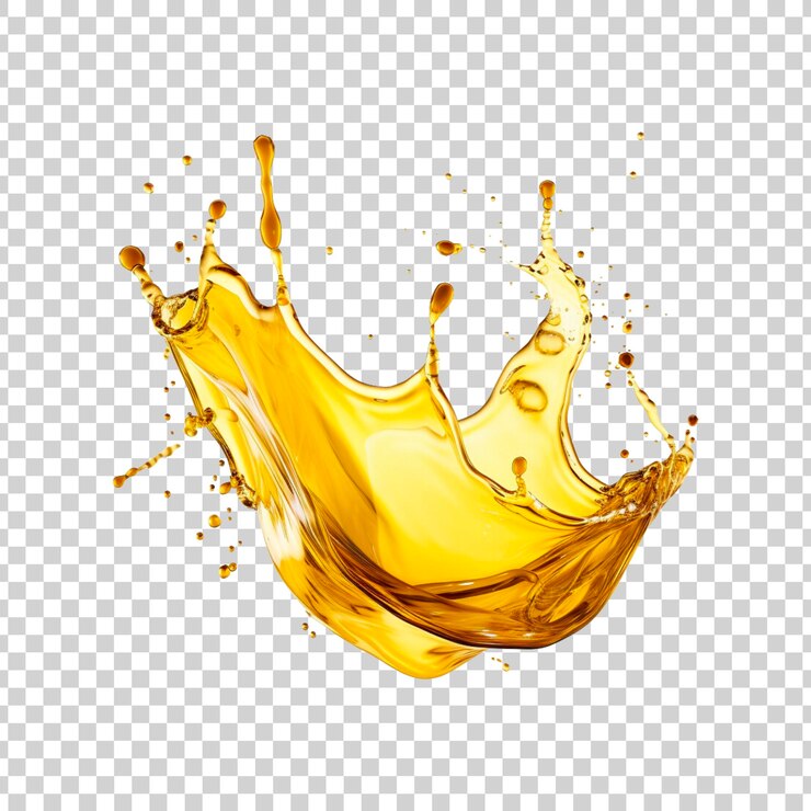 Salpicaduras de aceite líquido amarillo sobre un fondo transparente
