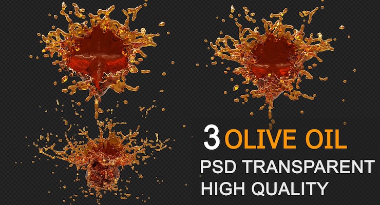 PSD salpicaduras de aceite de oliva con gotas sobre fondo negro. ilustración 3d.