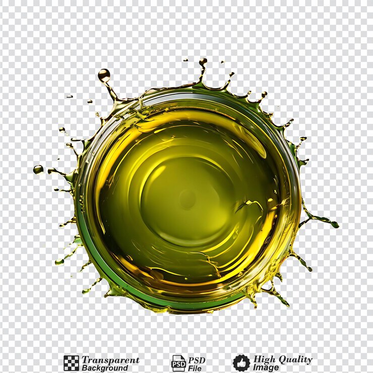 PSD salpicaduras de aceite de oliva o de motor dispuestas en un círculo aislado sobre un fondo transparente