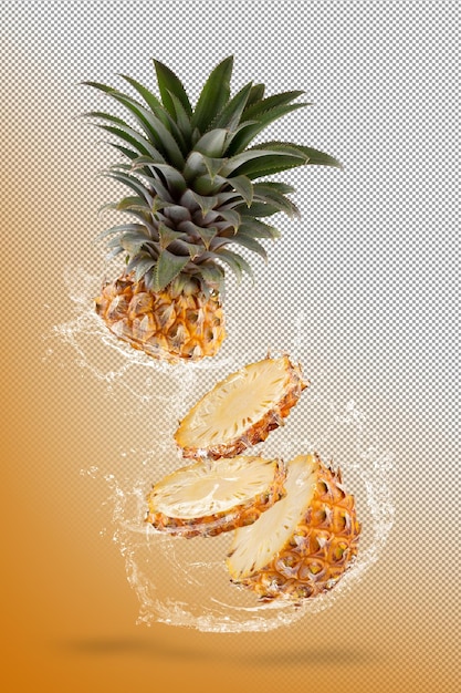 Salpicaduras de agua en la fruta de piña dividida aislada sobre fondo amarillo.