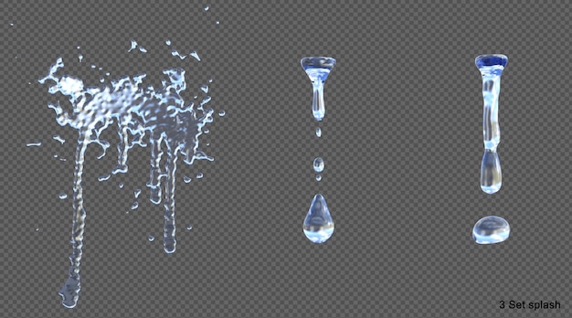 PSD salpicaduras de agua y gotas aisladas 3d render