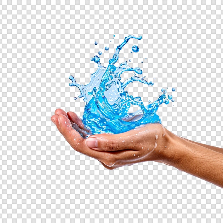 PSD salpicaduras de agua en la mano aisladas sobre un fondo transparente