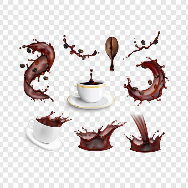 Salpicaduras de café y tazas de café aisladas sobre un fondo transparente