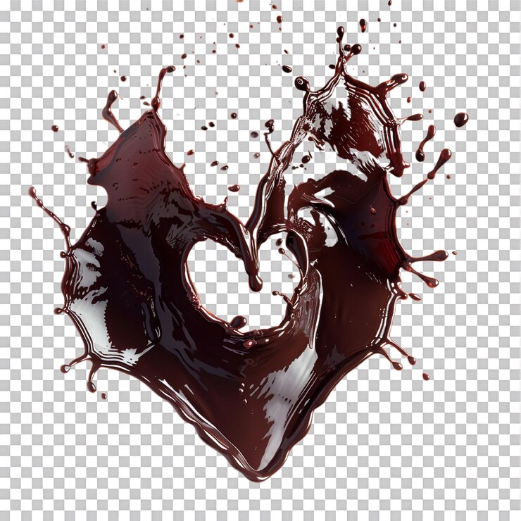 PSD salpicaduras de chocolate en forma de corazón sobre un fondo transparente
