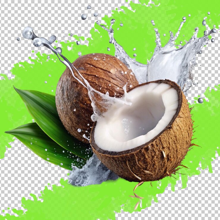 PSD salpicaduras de coco sobre un fondo blanco