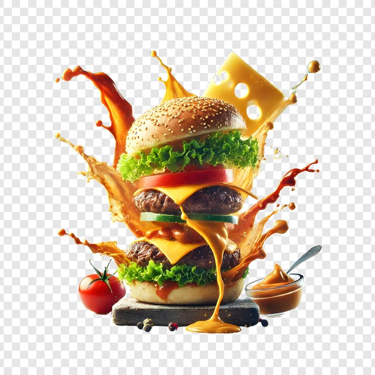 PSD salpicaduras de hamburguesa en el aire aisladas sobre un fondo transparente