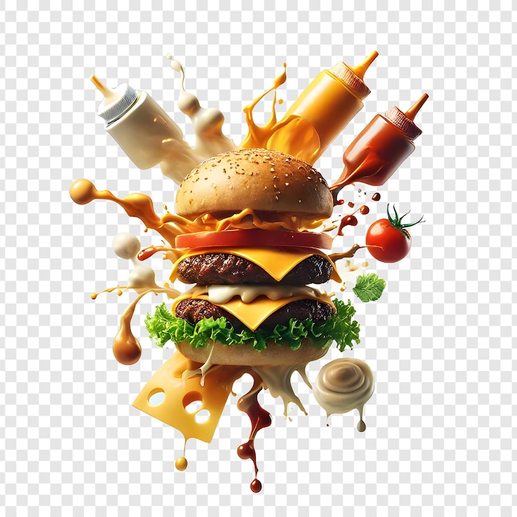 PSD salpicaduras de hamburguesa en el aire aisladas sobre un fondo transparente