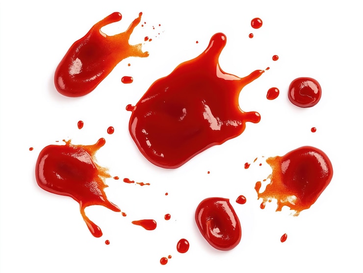 PSD las salpicaduras de ketchup rojo vibrante en un fondo transparente vista de cerca del derrame de ketch up con varios