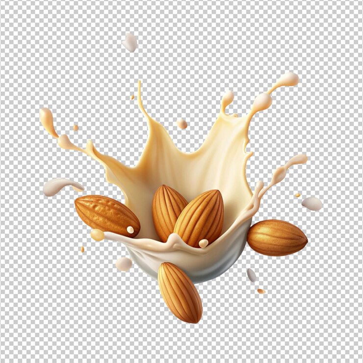 PSD salpicaduras de leche con almendras sobre fondo blanco