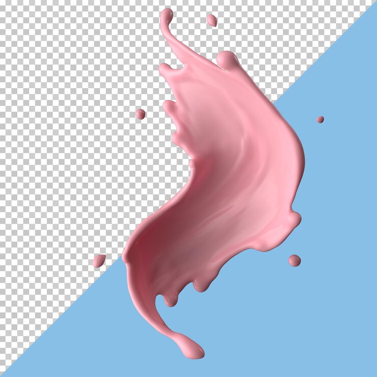 Salpicaduras de leche de fresa líquido paquete aislado o salpicaduras de yogur, incluyen trazado de recorte. Ilustración 3D.