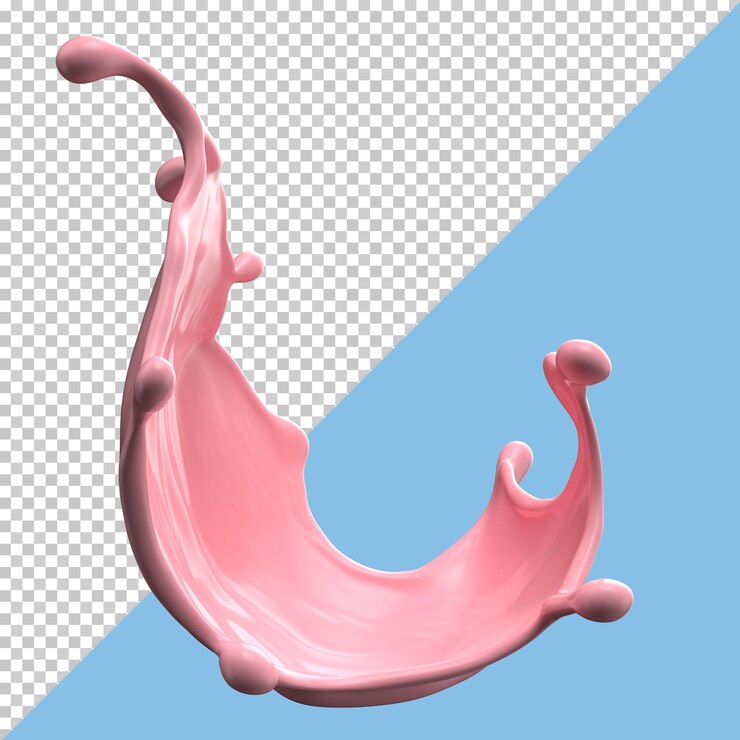 Salpicaduras de leche de fresa líquido paquete aislado o salpicaduras de yogur, incluyen trazado de recorte. Ilustración 3D.
